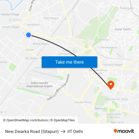 New Dwarka Road (Sitapuri) to IIT Delhi map