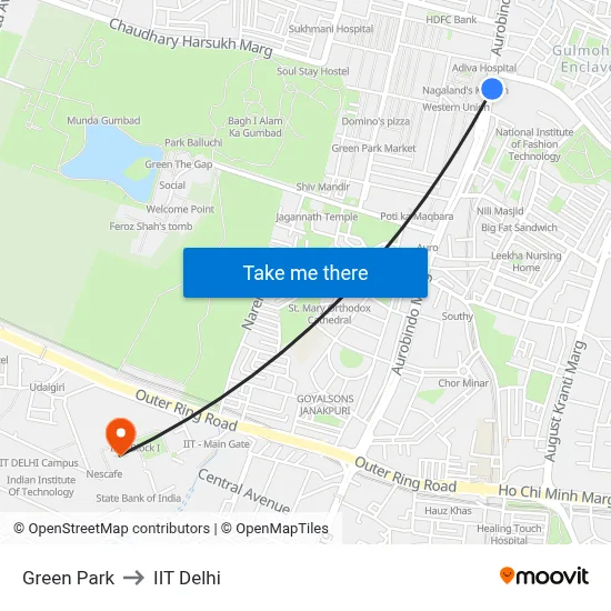 Green Park to IIT Delhi map