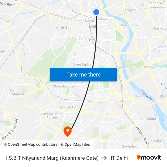 I.S.B.T Nityanand Marg (Kashmere Gate) to IIT Delhi map