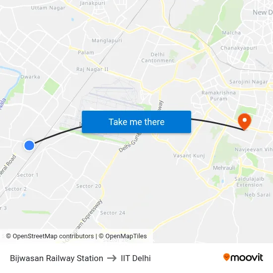 Bijwasan Railway Station to IIT Delhi map