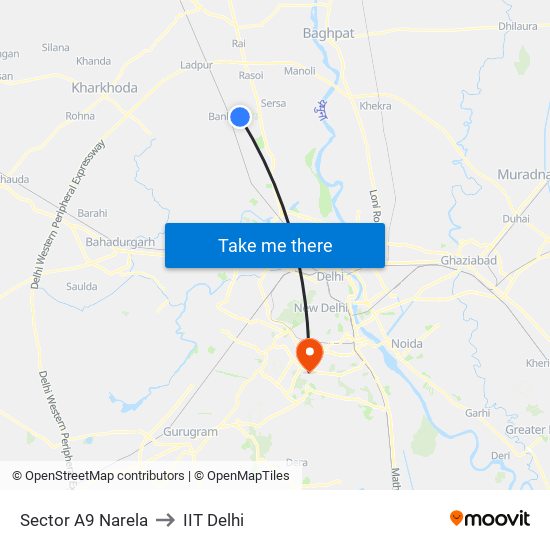 Sector A9 Narela to IIT Delhi map