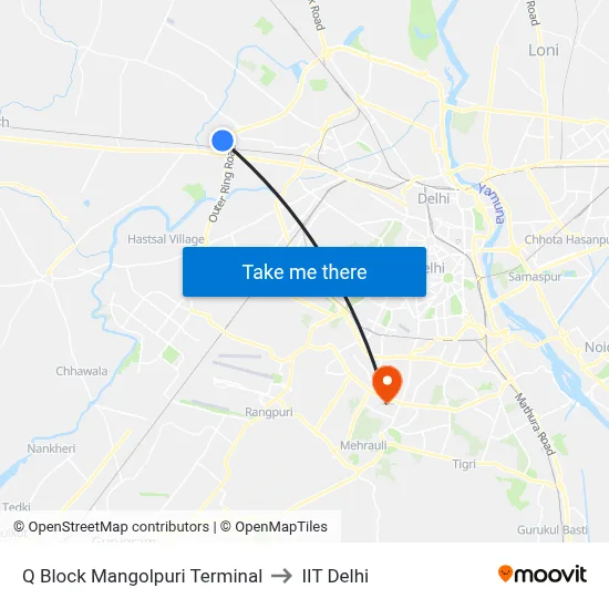 Q Block Mangolpuri Terminal to IIT Delhi map