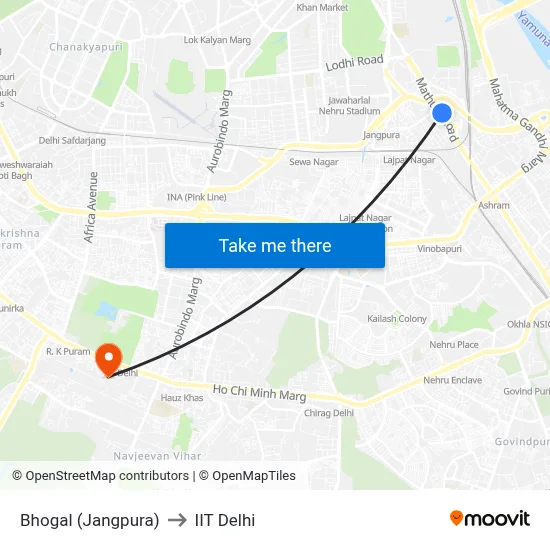 Bhogal (Jangpura) to IIT Delhi map