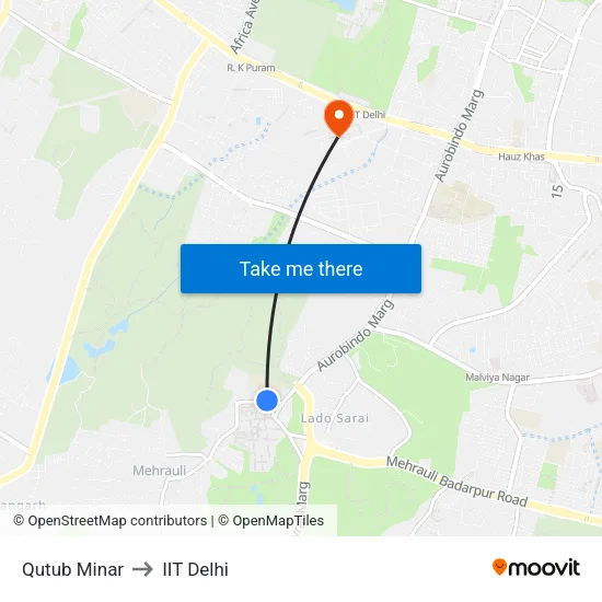 Qutub Minar to IIT Delhi map