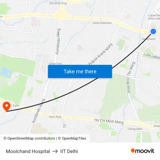 Moolchand Hospital to IIT Delhi map