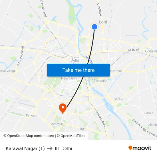 Karawal Nagar Terminal to IIT Delhi map