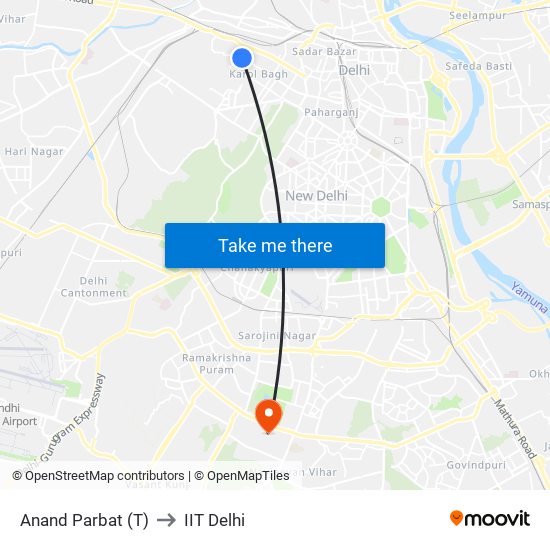 Anand Parbat (T) to IIT Delhi map