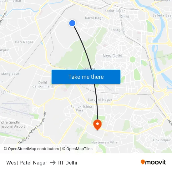 West Patel Nagar to IIT Delhi map