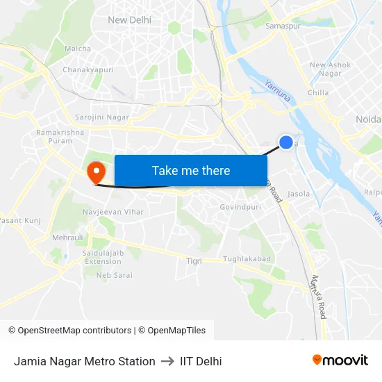 Jamia Nagar Metro Station to IIT Delhi map