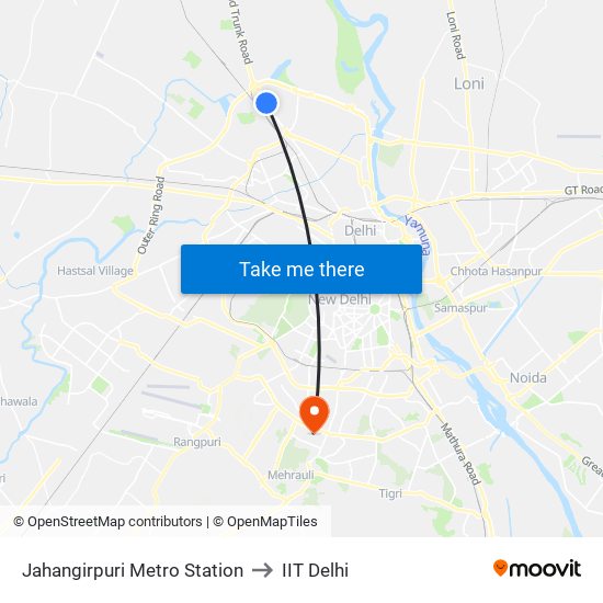 Jahangirpuri Metro Station to IIT Delhi map