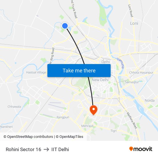 Rohini Sector 16 to IIT Delhi map