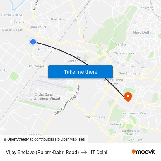 Vijay Enclave (Palam-Dabri Road) to IIT Delhi map