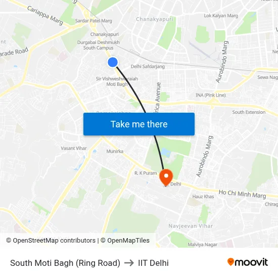 South Moti Bagh (Ring Road) to IIT Delhi map