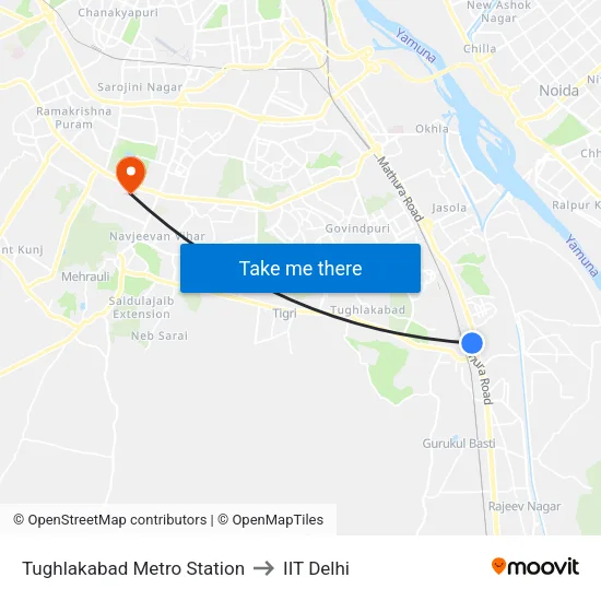 Tughlakabad Metro Station to IIT Delhi map