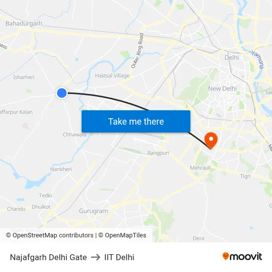 Najafgarh Delhi Gate to IIT Delhi map