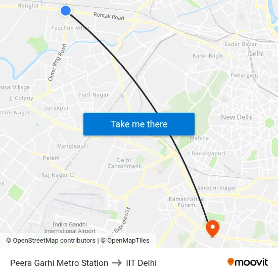 Peera Garhi Metro Station to IIT Delhi map