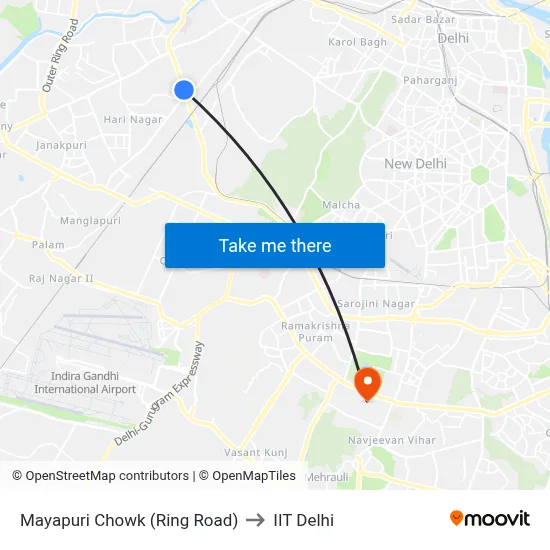 Mayapuri Chowk (Ring Road) to IIT Delhi map