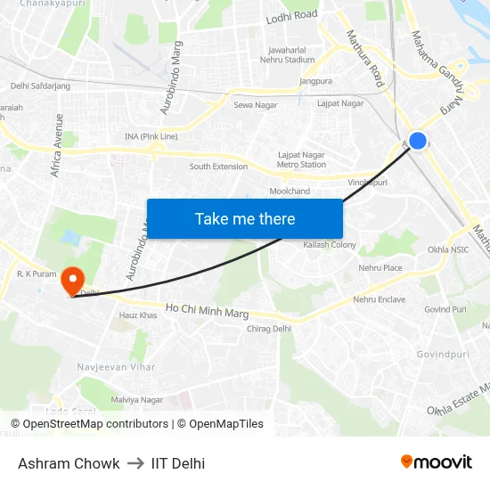 Ashram Chowk to IIT Delhi map