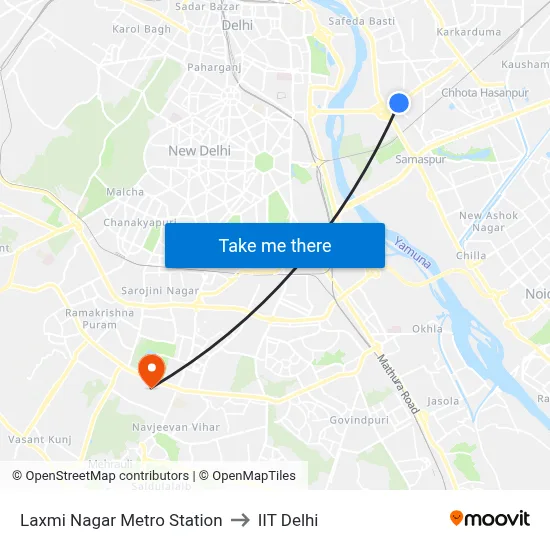 Laxmi Nagar Metro Station to IIT Delhi map