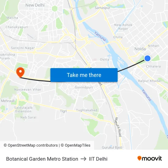 Botanical Garden Metro Station to IIT Delhi map