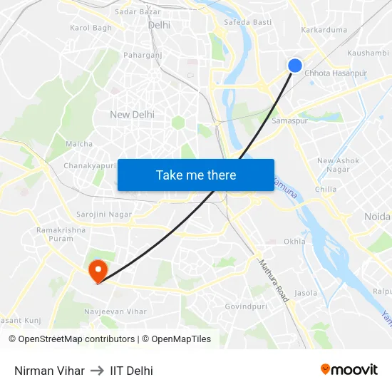 Nirman Vihar to IIT Delhi map