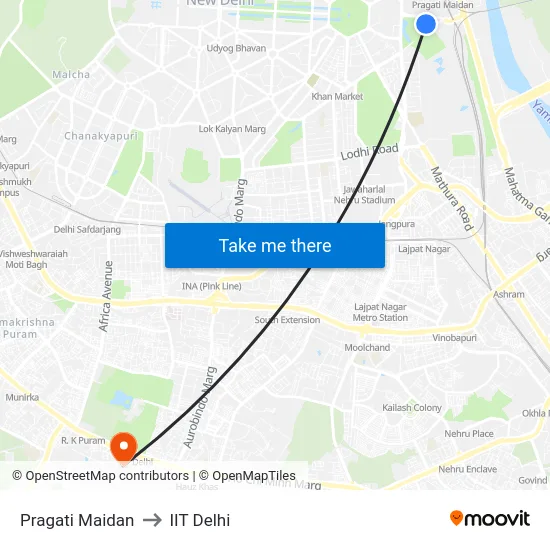 Pragati Maidan to IIT Delhi map