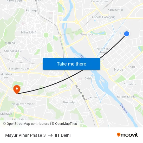 Mayur Vihar Phase 3 to IIT Delhi map