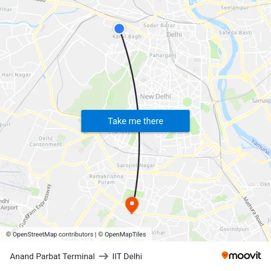 Anand Parbat Terminal to IIT Delhi map