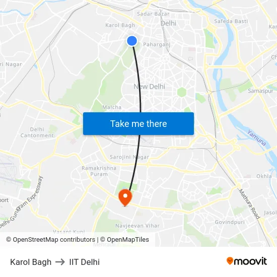 Karol Bagh to IIT Delhi map