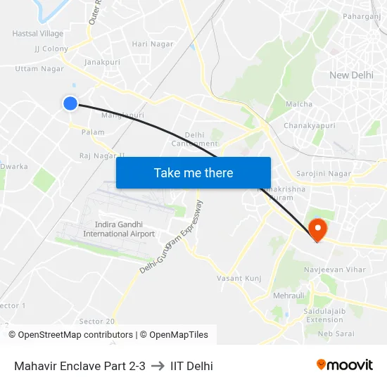 Mahavir Enclave Part 2-3 to IIT Delhi map