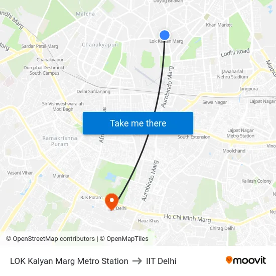 LOK Kalyan Marg Metro Station to IIT Delhi map