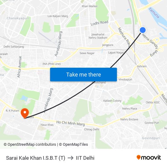 Sarai Kale Khan I.S.B.T (T) to IIT Delhi map