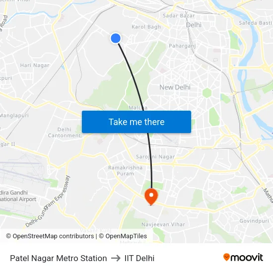 South Patel Nagar (Metro Station) to IIT Delhi map