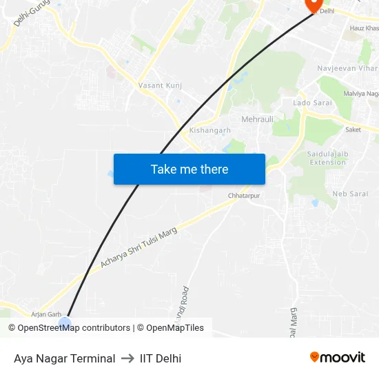 Aya Nagar Terminal to IIT Delhi map