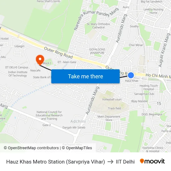 Hauz Khas Metro Station (Sarvpriya Vihar) to IIT Delhi map