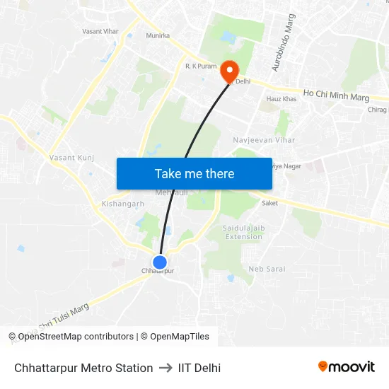 Chhattarpur Metro Station to IIT Delhi map