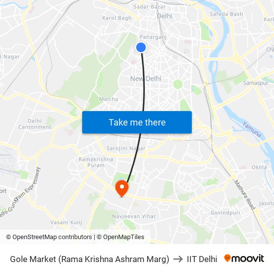 Gole Market (Rama Krishna Ashram Marg) to IIT Delhi map