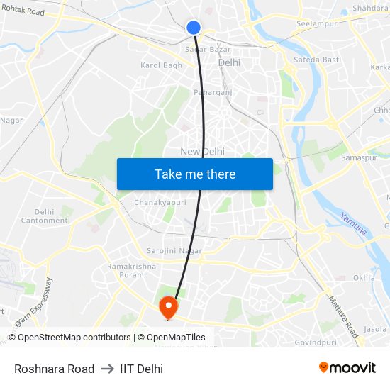 Roshnara Road to IIT Delhi map