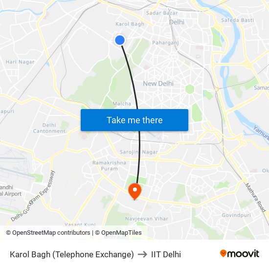 Karol Bagh (Telephone Exchange) to IIT Delhi map