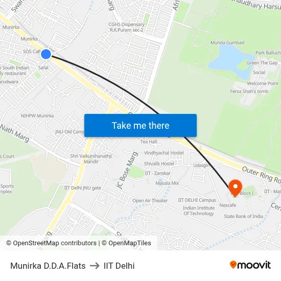Munirka D.D.A.Flats to IIT Delhi map