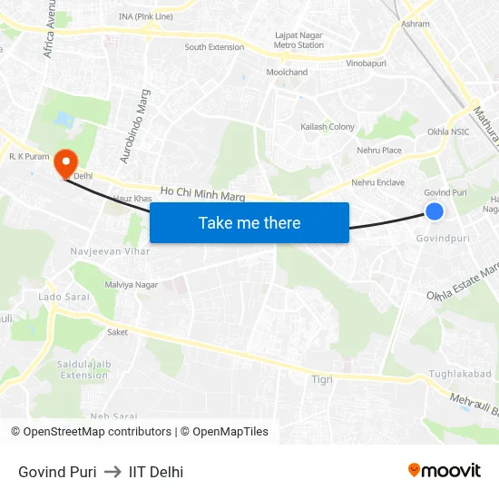 Govind Puri to IIT Delhi map