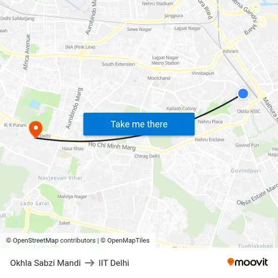 Okhla Sabzi Mandi to IIT Delhi map