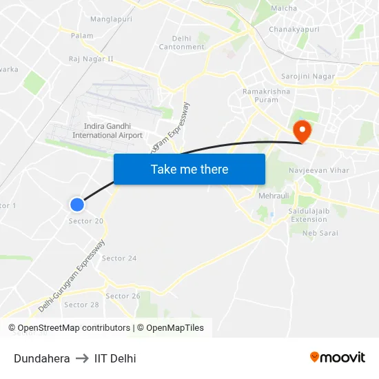Dundahera to IIT Delhi map