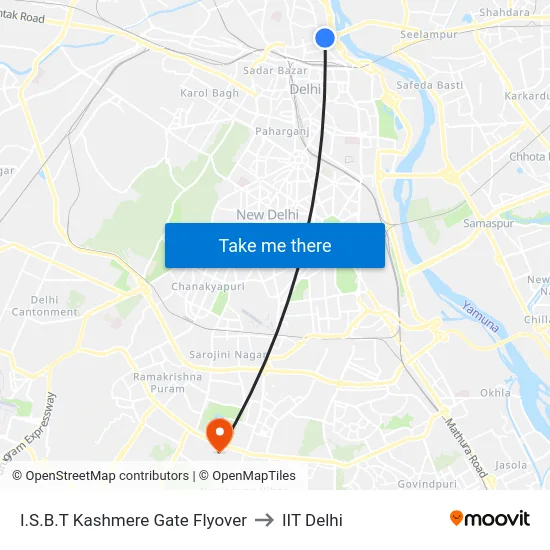 I.S.B.T Kashmere Gate Flyover to IIT Delhi map