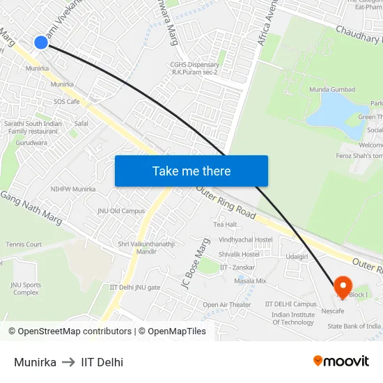 Munirka to IIT Delhi map