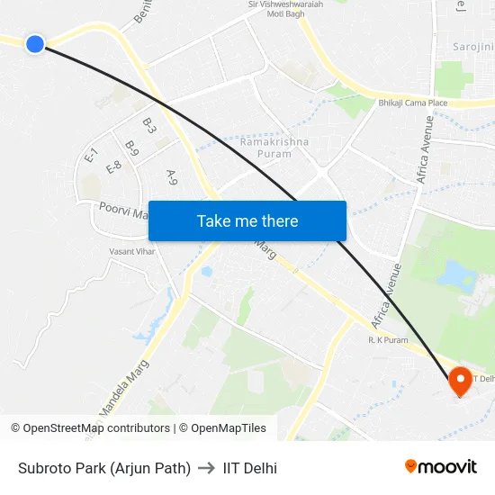 Subroto Park (Arjun Path) to IIT Delhi map