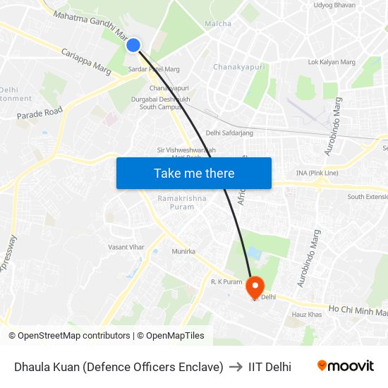 Dhaula Kuan (Defence Officers Enclave) to IIT Delhi map