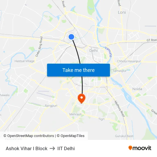 Ashok Vihar I Block to IIT Delhi map
