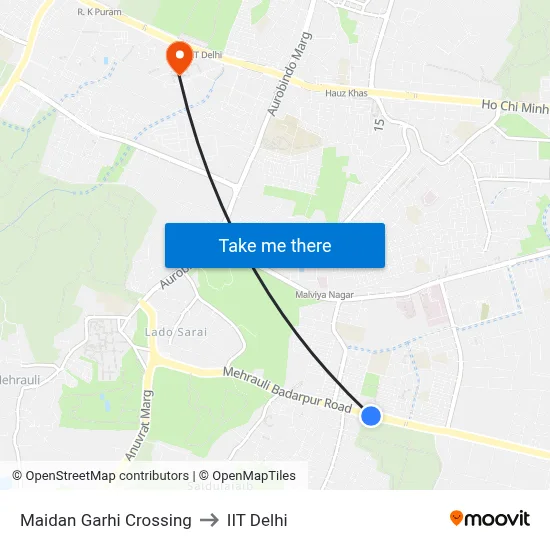 Maidan Garhi Crossing to IIT Delhi map