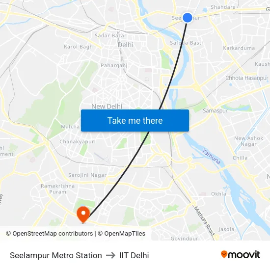 Seelampur Metro Station to IIT Delhi map